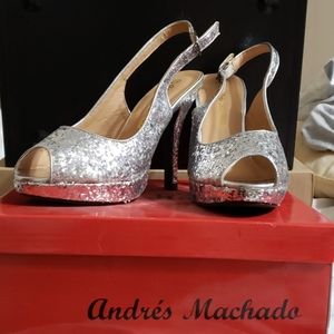 Andres Machado Silver Glitter peep toe high heels.